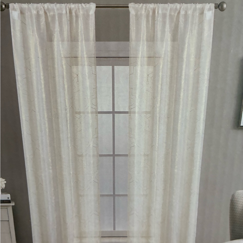 Sheer Cream Embroidery with light gold Curtain Panels  1 set of 2 panels